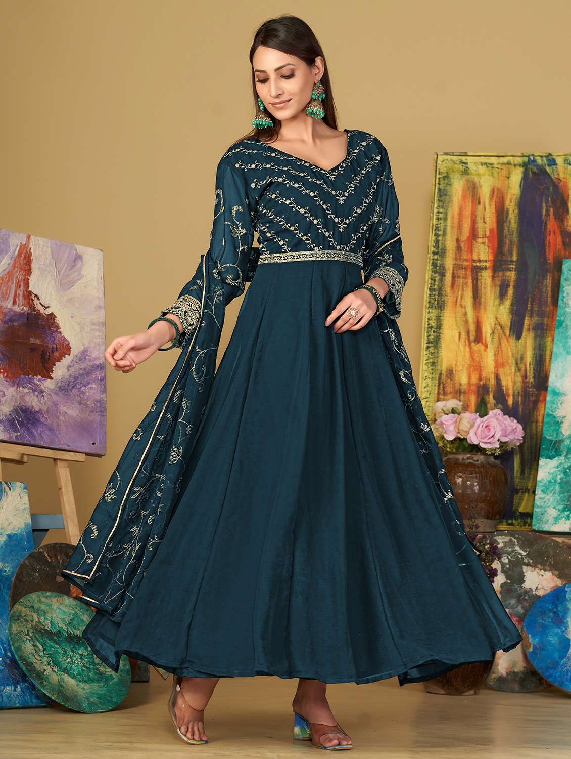 women embroidered semi-stitched anarkali suit set - 21934010 -  Zoom Image - 0