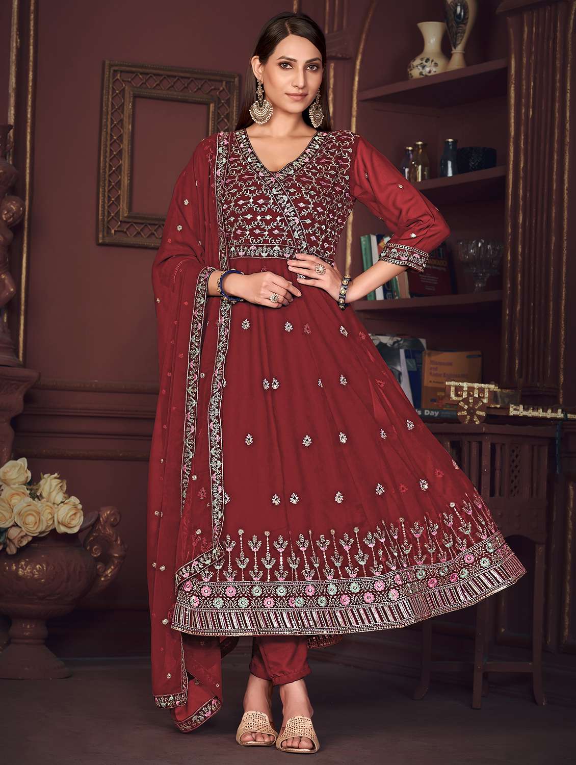 women embroidered semi-stitched anarkali suit set