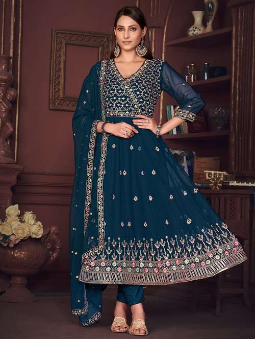 women embroidered semi-stitched anarkali suit set