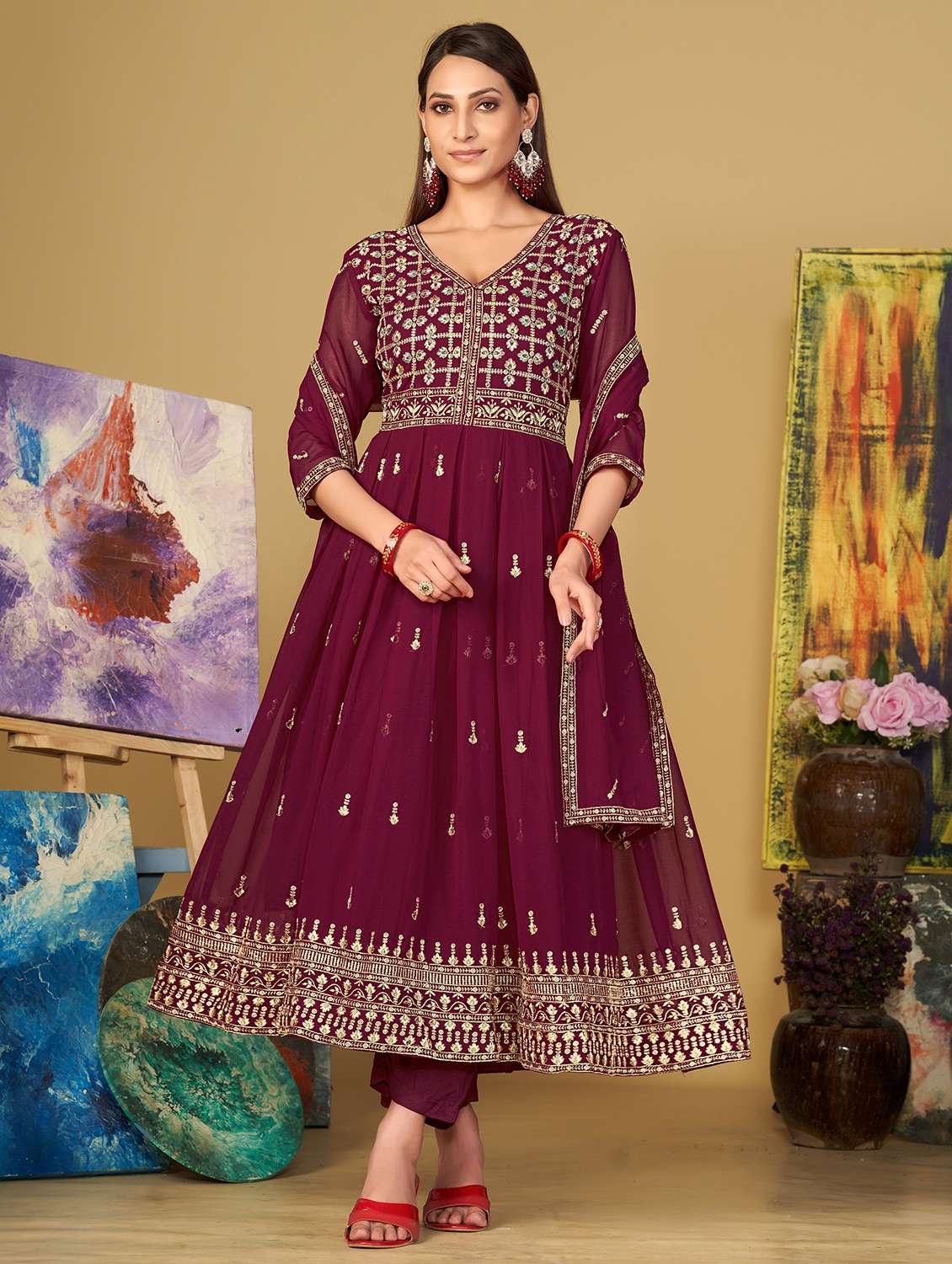 women embroidered semi-stitched anarkali suit set