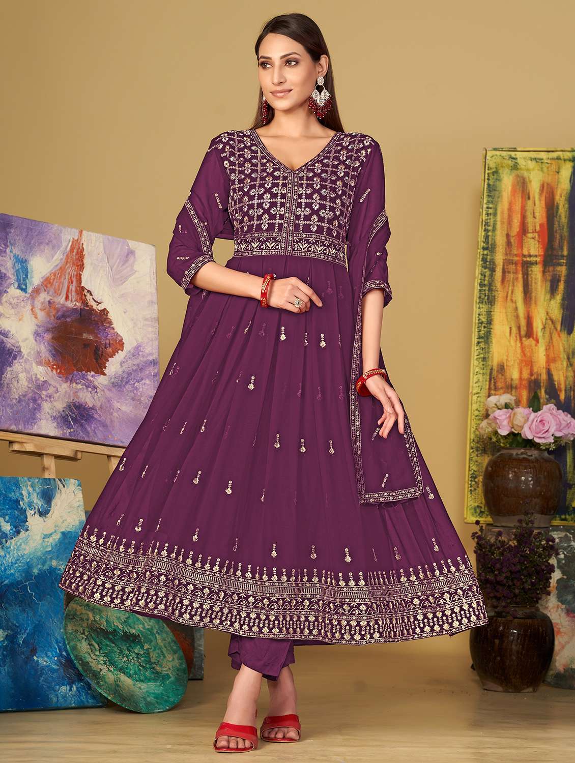 women embroidered semi-stitched anarkali suit set