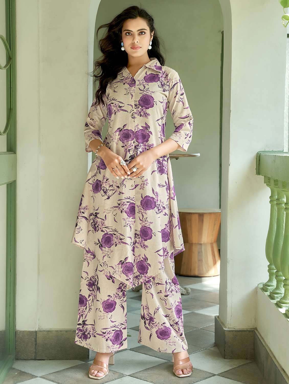 women floral print kurta palazzo co-ord set