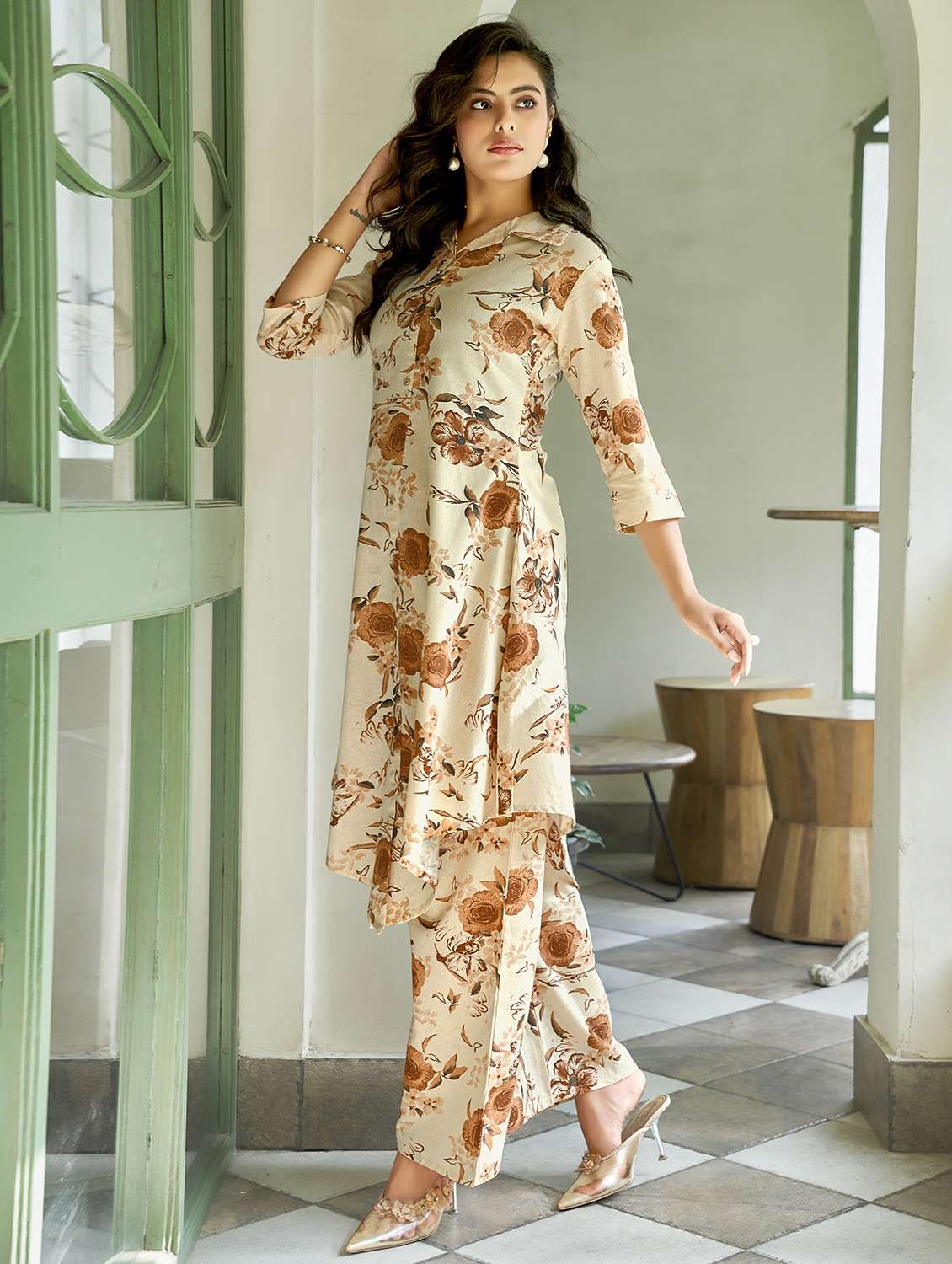 women floral print kurta palazzo co-ord set