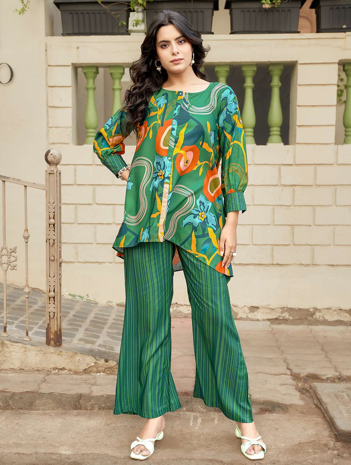 women printed high low top & palazzo co-ord set