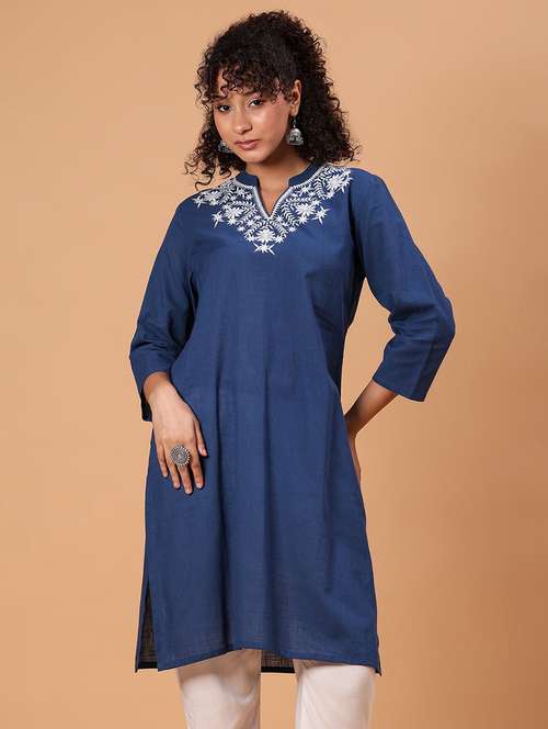 women embroidered three quarter sleeve straight kurta  - 21934065 -  Standard Image - 0