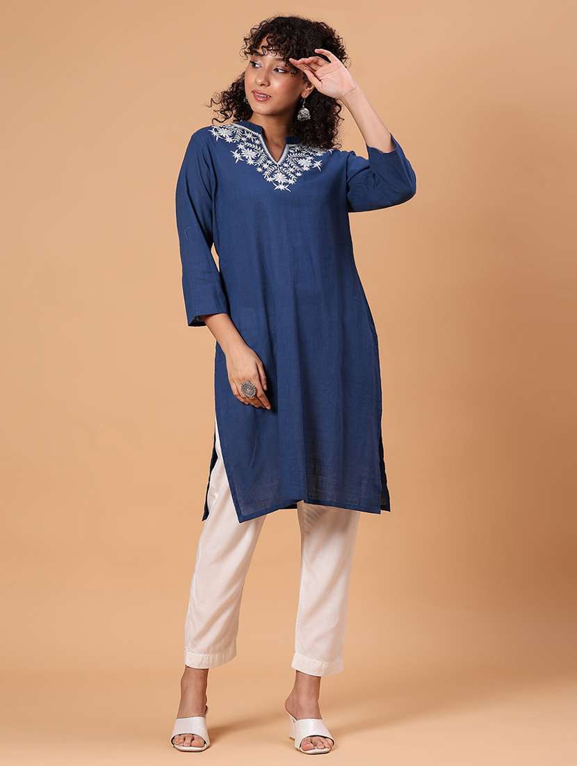women embroidered three quarter sleeve straight kurta  - 21934065 -  Standard Image - 1