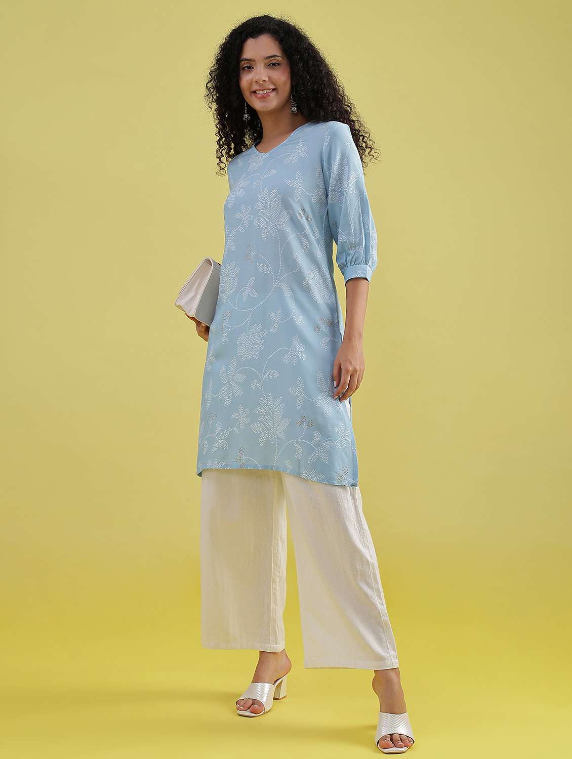 women floral printed three quarter sleeve straight kurta - 21934066 -  Standard Image - 6