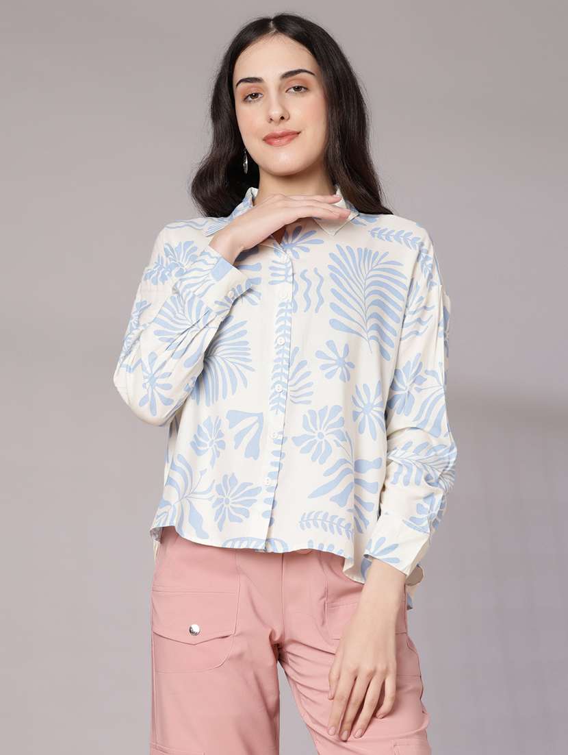 women printed collared long sleeve shirt