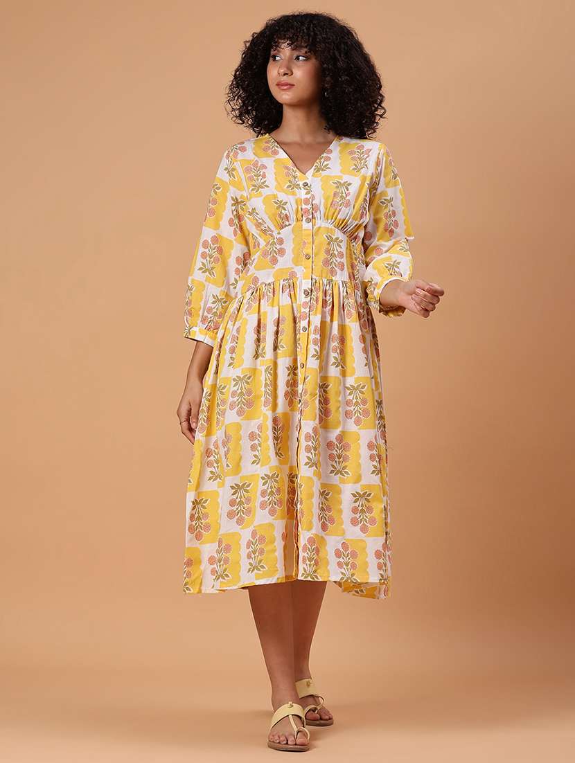 women printed three quarter sleeve a-line dress - 21934103 -  Standard Image - 1