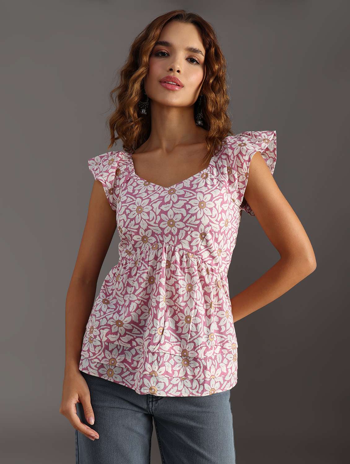 women floral pringt flute sleeve flared top