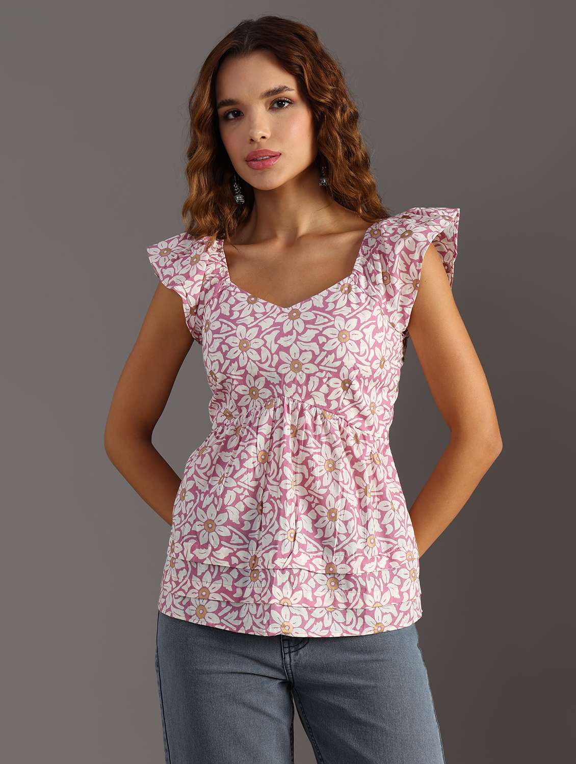 women floral pringt flute sleeve flared top - 21934136 - Standard Image - 1