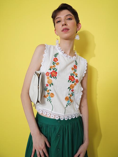 women white embroidered sleeveless crop top - 21934137 - Standard Image - 0