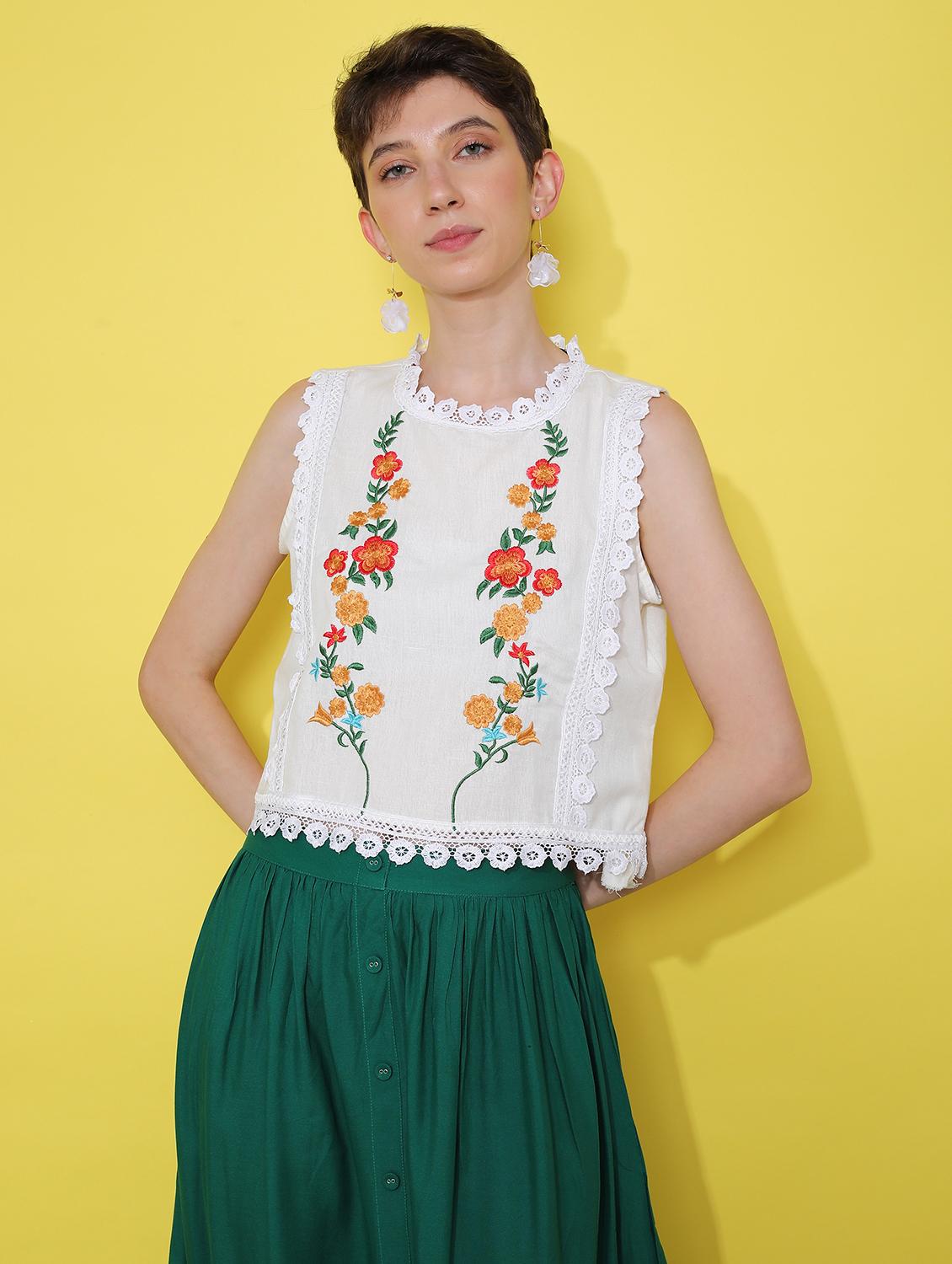 women white embroidered sleeveless crop top - 21934137 - Standard Image - 1