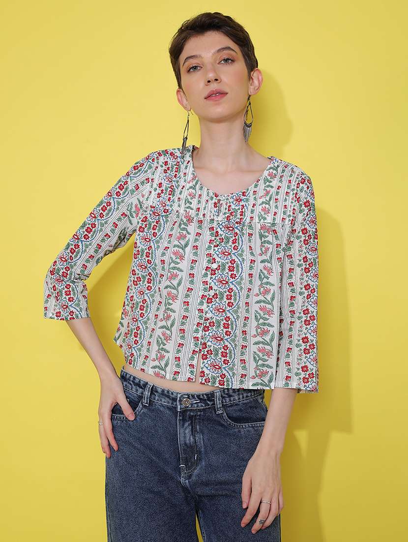women printed three quarter sleeve top - 21934138 - Standard Image - 1