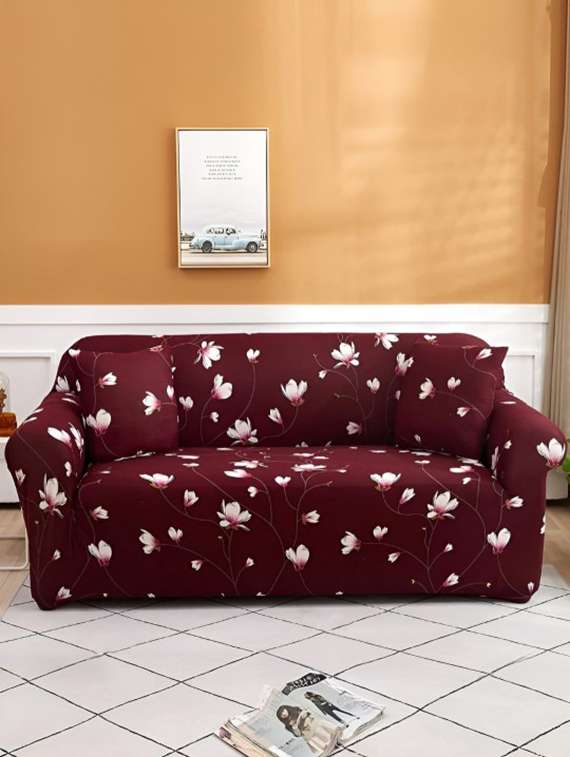 quirky home maroon & white printed 3+1+1 seater elastic and stretchable sofa cover with arms (5 seater)