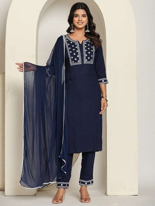 women three quarter sleeve kurta pant with dupatta set - 21934260 -  Standard Image - 0