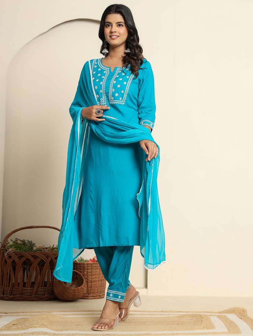 women three quarter sleeve kurta pant with dupatta set