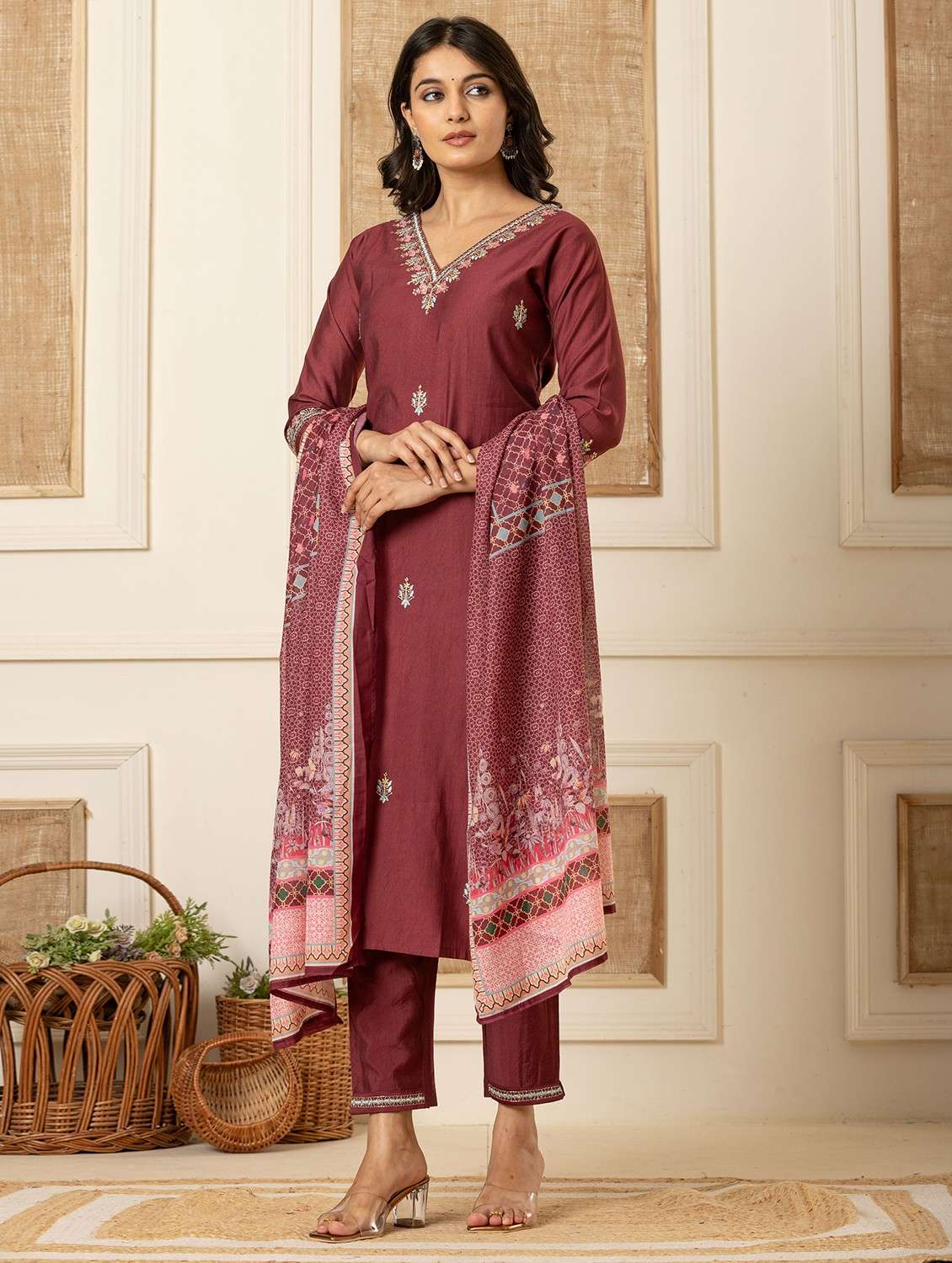 women three quarter sleeve kurta pant with dupatta set