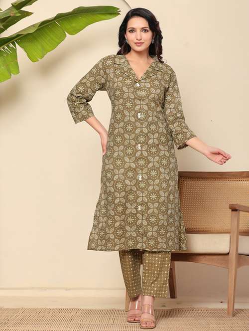women three quarter sleeve kurta pant set - 21934297 -  Standard Image - 0