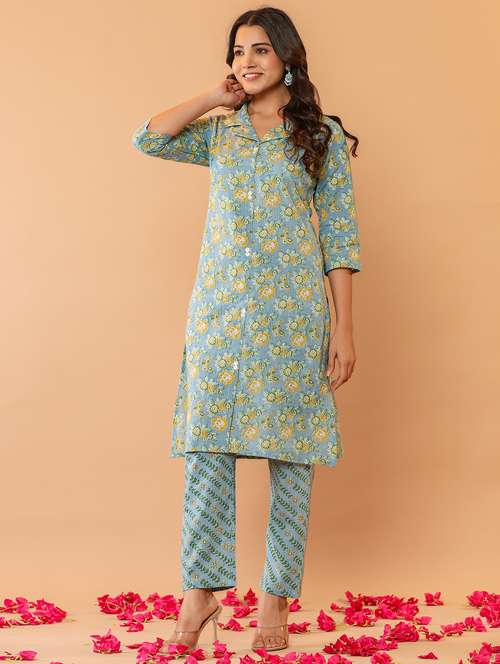 women three quarter sleeve kurta pant set - 21934300 -  Standard Image - 0