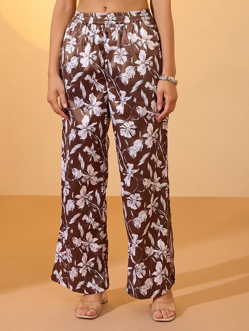 globus women brown floral print mid-rise satin elasticated wide leg resort trousers - 21934656 - Standard Image - 0