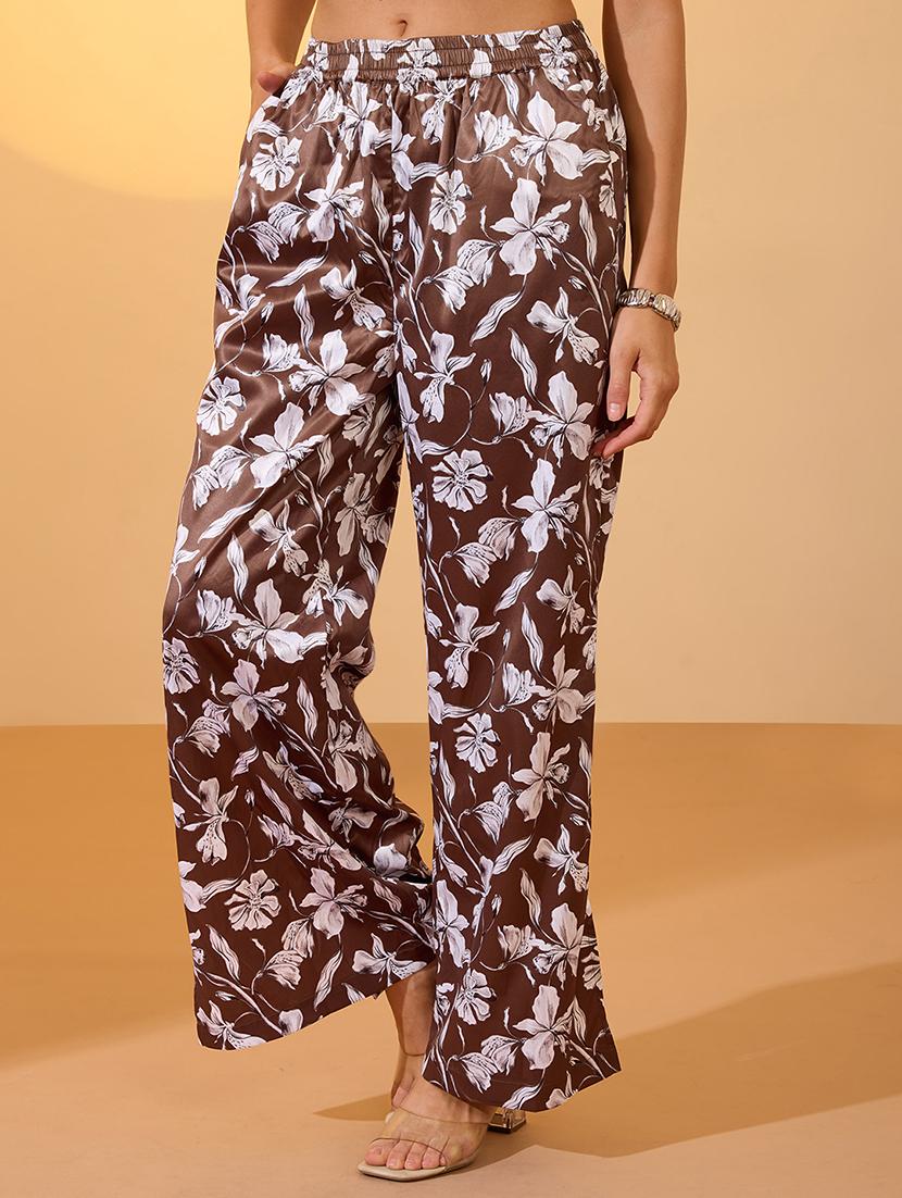 globus women brown floral print mid-rise satin elasticated wide leg resort trousers - 21934656 - Standard Image - 1