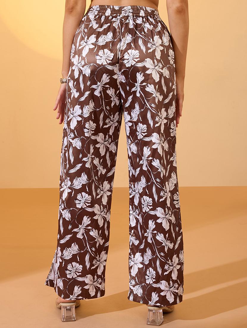 globus women brown floral print mid-rise satin elasticated wide leg resort trousers - 21934656 - Standard Image - 4