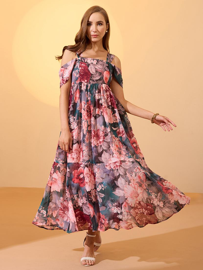 globus women multicolour floral printed square neck cold shoulder sleeves smocked fit & flare maxi dress - 21934657 -  Zoom Image - 0