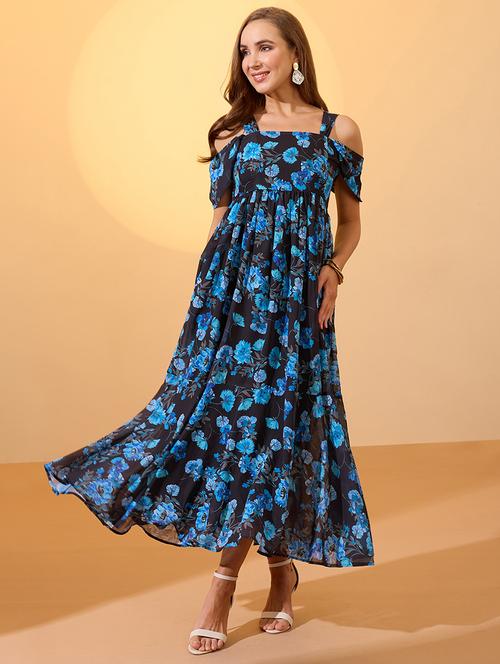 globus women blue floral printed square neck cold shoulder sleeves smocked fit & flare maxi dress - 21934658 -  Standard Image - 0