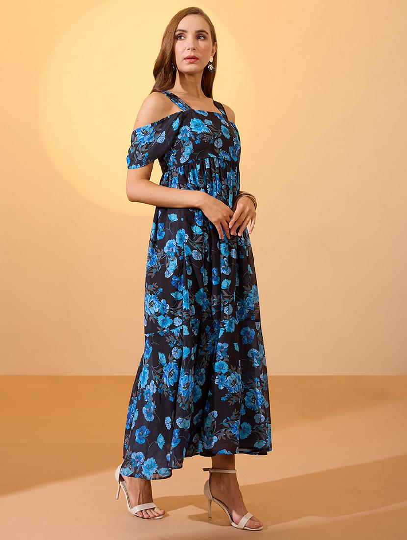 globus women blue floral printed square neck cold shoulder sleeves smocked fit & flare maxi dress - 21934658 - Standard Image - 1