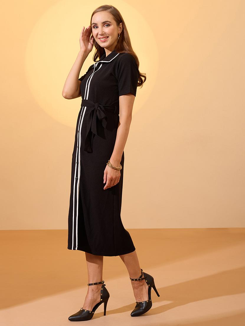 globus women black collared neck short sleeves belted midi shirt style workwear dress - 21934659 -  Standard Image - 1