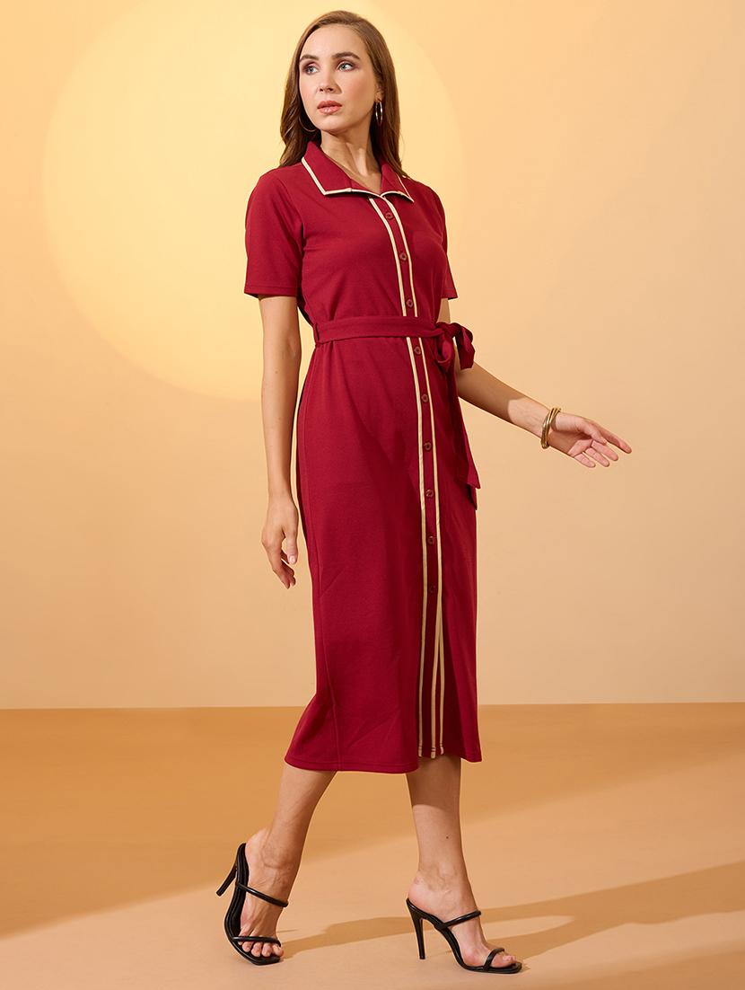 globus women maroon collared neck short sleeves belted midi shirt style workwear dress - 21934660 -  Standard Image - 1