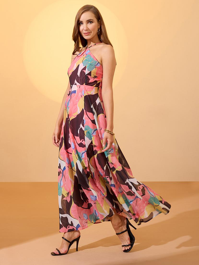 globus women multicolour abstract print halter neck flared hem a-line resort maxi dress - 21934662 -  Standard Image - 1