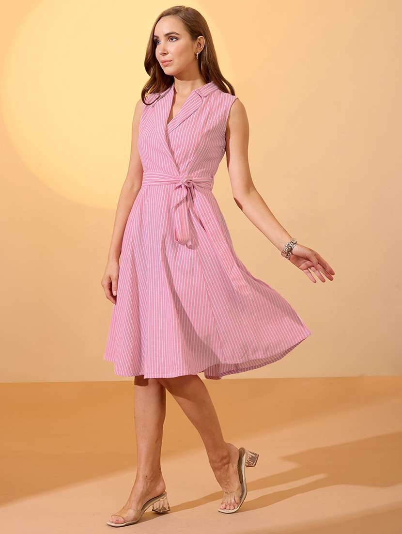globus women pink stripes printed notch lapel belted midi workwear dress
