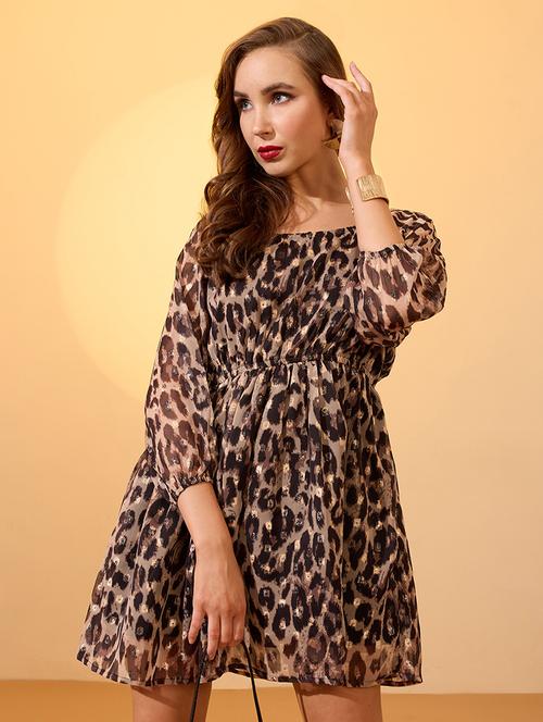 globus women brown round neck raglan sleeves animal print stylised back lurex detail mini fit & flare dress - 21934667 -  Standard Image - 0