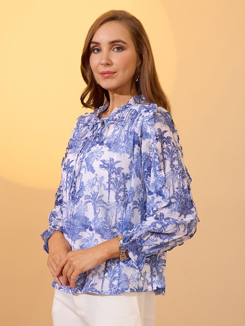 globus women blue frilled tie-up neck bishop sleeves tropical print ruffle detail top - 21934672 - Standard Image - 1