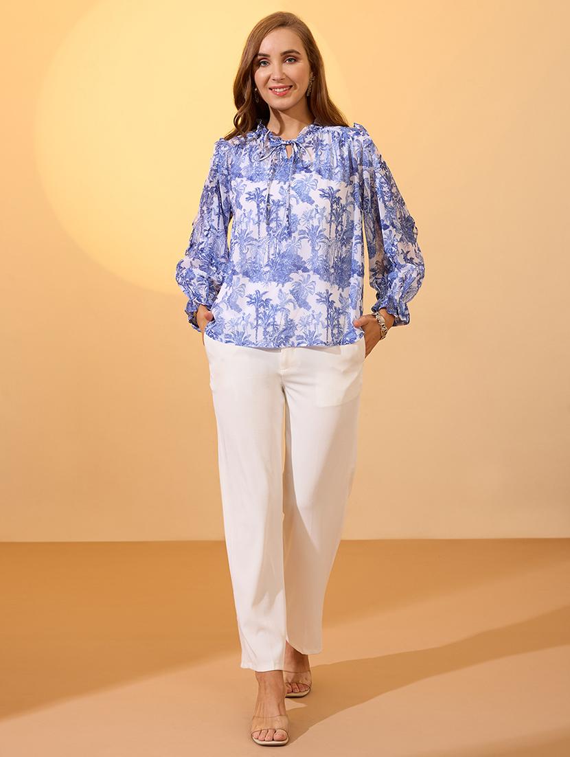 globus women blue frilled tie-up neck bishop sleeves tropical print ruffle detail top - 21934672 - Standard Image - 4