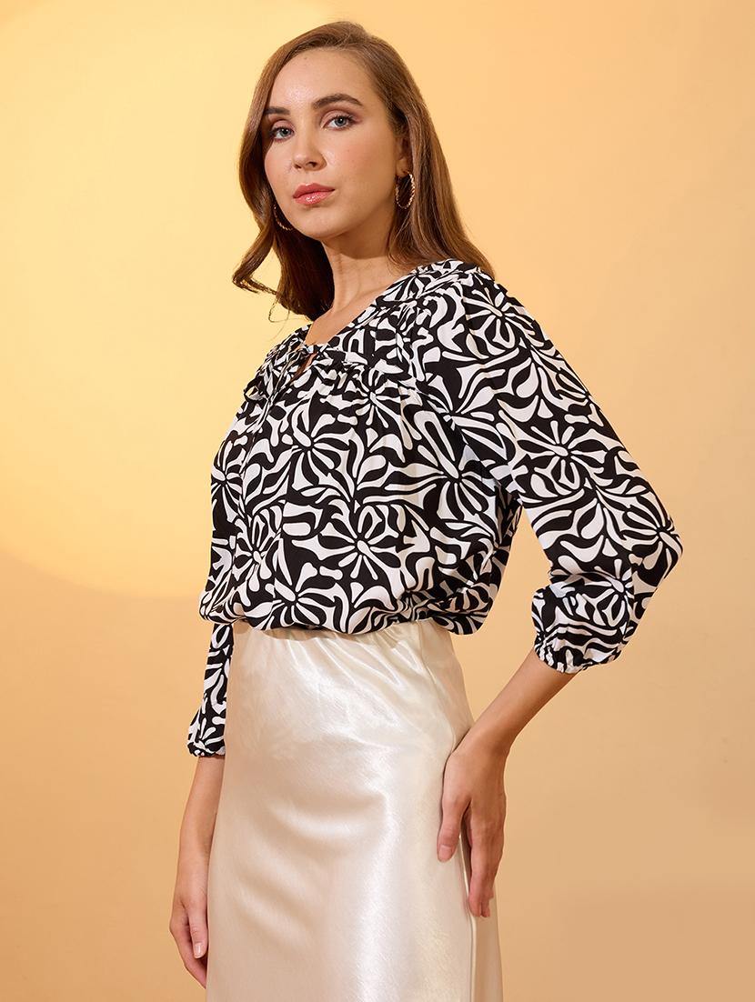globus women black v-neck bishop sleeves abstract print tie up detailing top - 21934674 - Standard Image - 1
