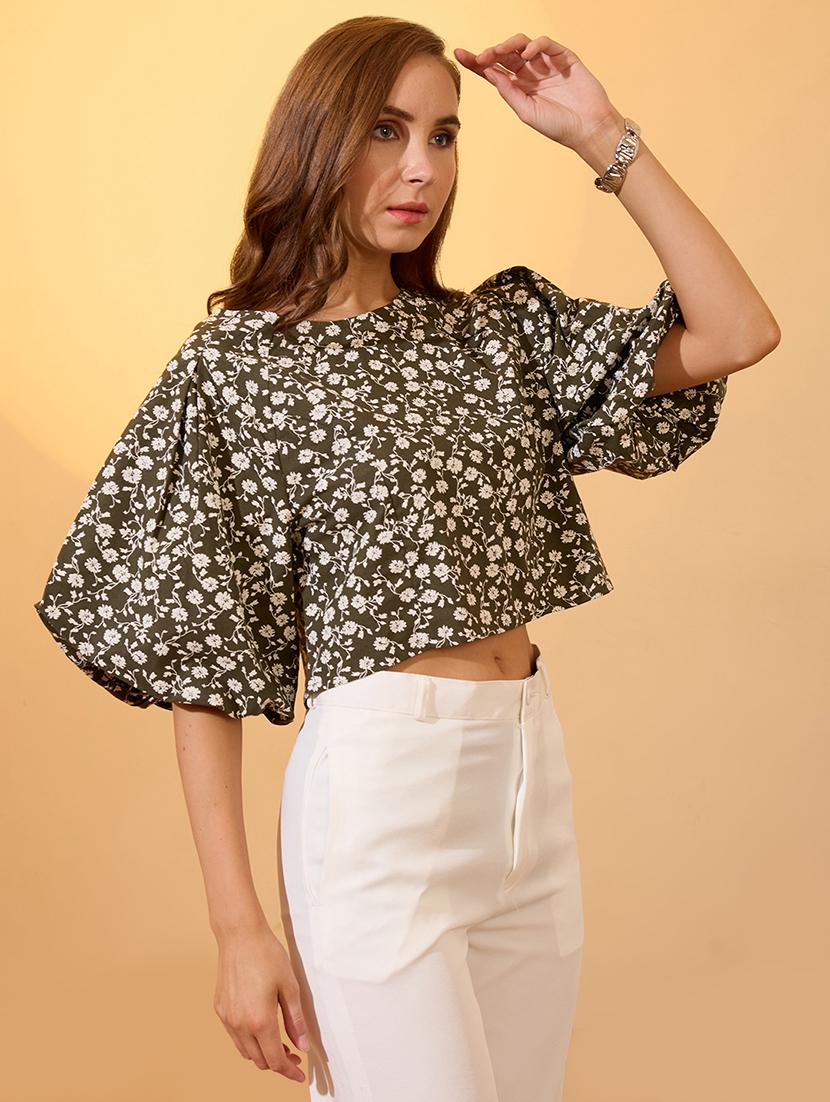 globus women green round neck puff sleeves floral print top - 21934675 -  Standard Image - 1