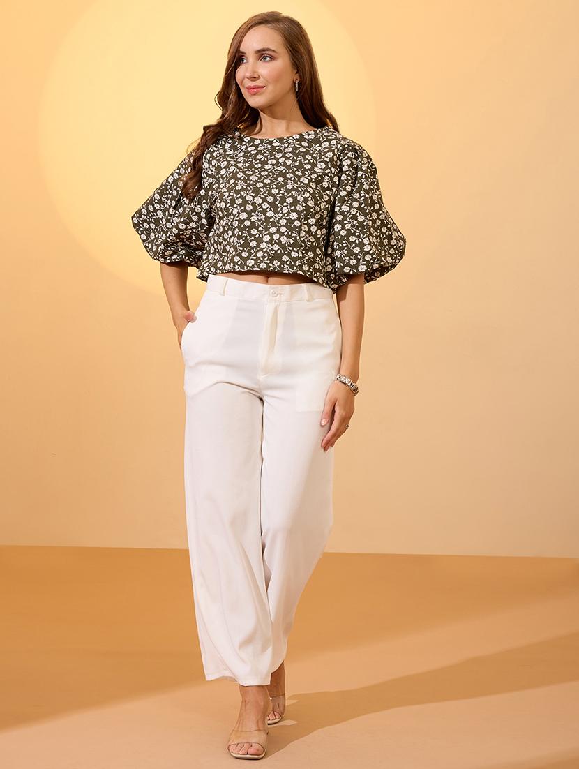globus women green round neck puff sleeves floral print top - 21934675 - Standard Image - 4
