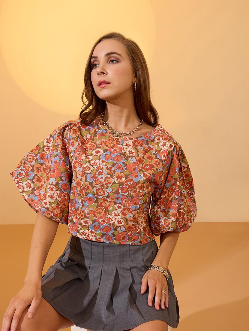 globus women multi round neck puff sleeves floral print top - 21934676 -  Standard Image - 1