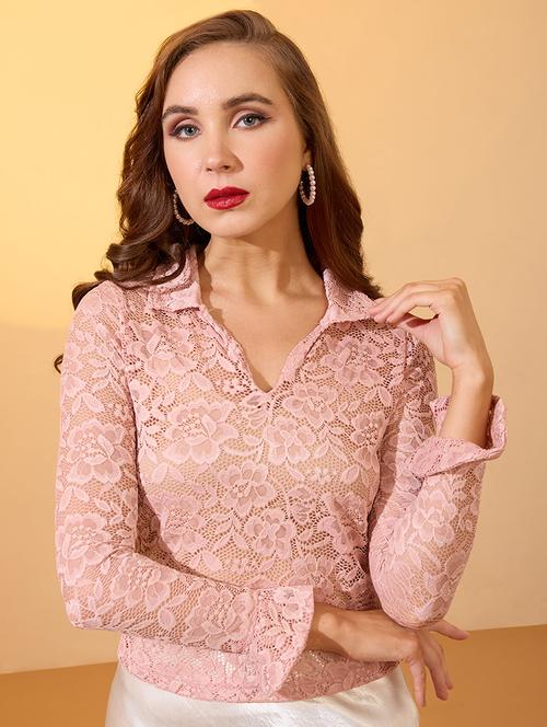 globus women pink collared v-neck floral lace party top - 21934677 - Standard Image - 0