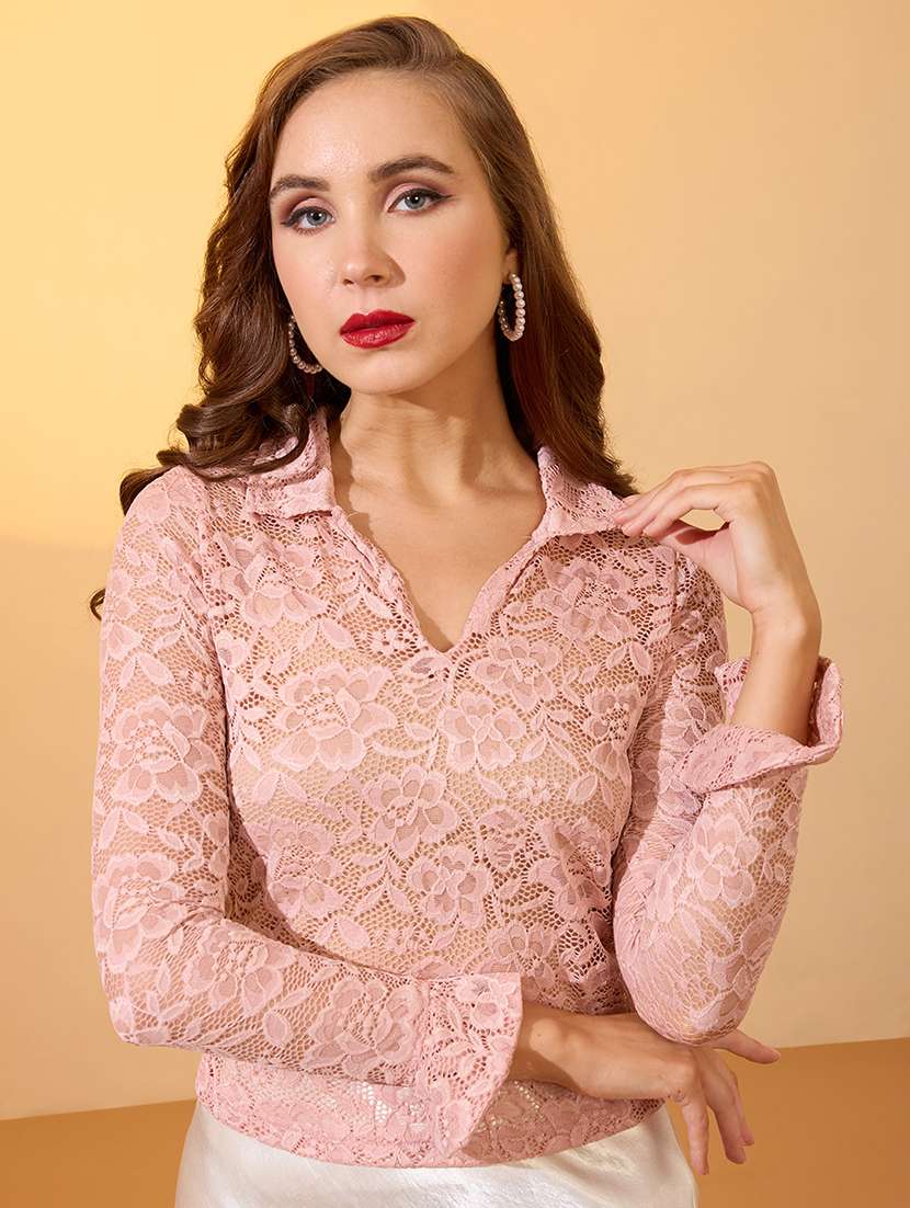 globus women pink collared v-neck floral lace party top - 21934677 - Zoom Image - 0