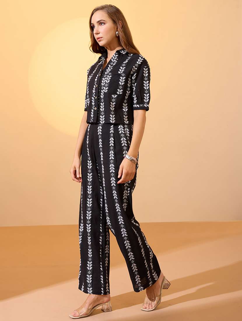 globus women black self design collared neck boxy fit crop shirt with wide leg trousers resort co-ords set - 21934681 -  Standard Image - 1