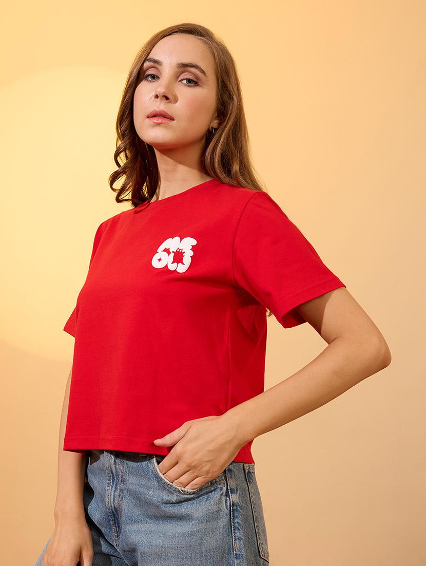 globus women red round neck short sleeves graphic print oversized crop t-shirt - 21934686 - Standard Image - 1