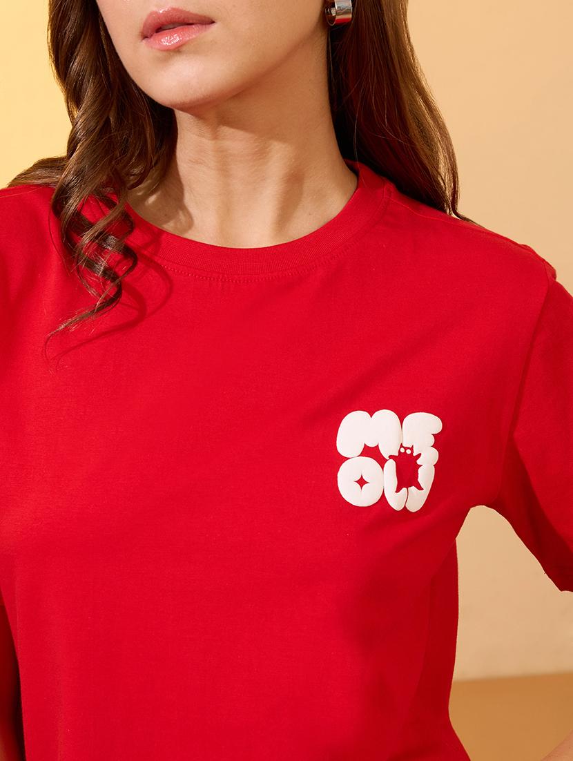 globus women red round neck short sleeves graphic print oversized crop t-shirt - 21934686 - Standard Image - 4