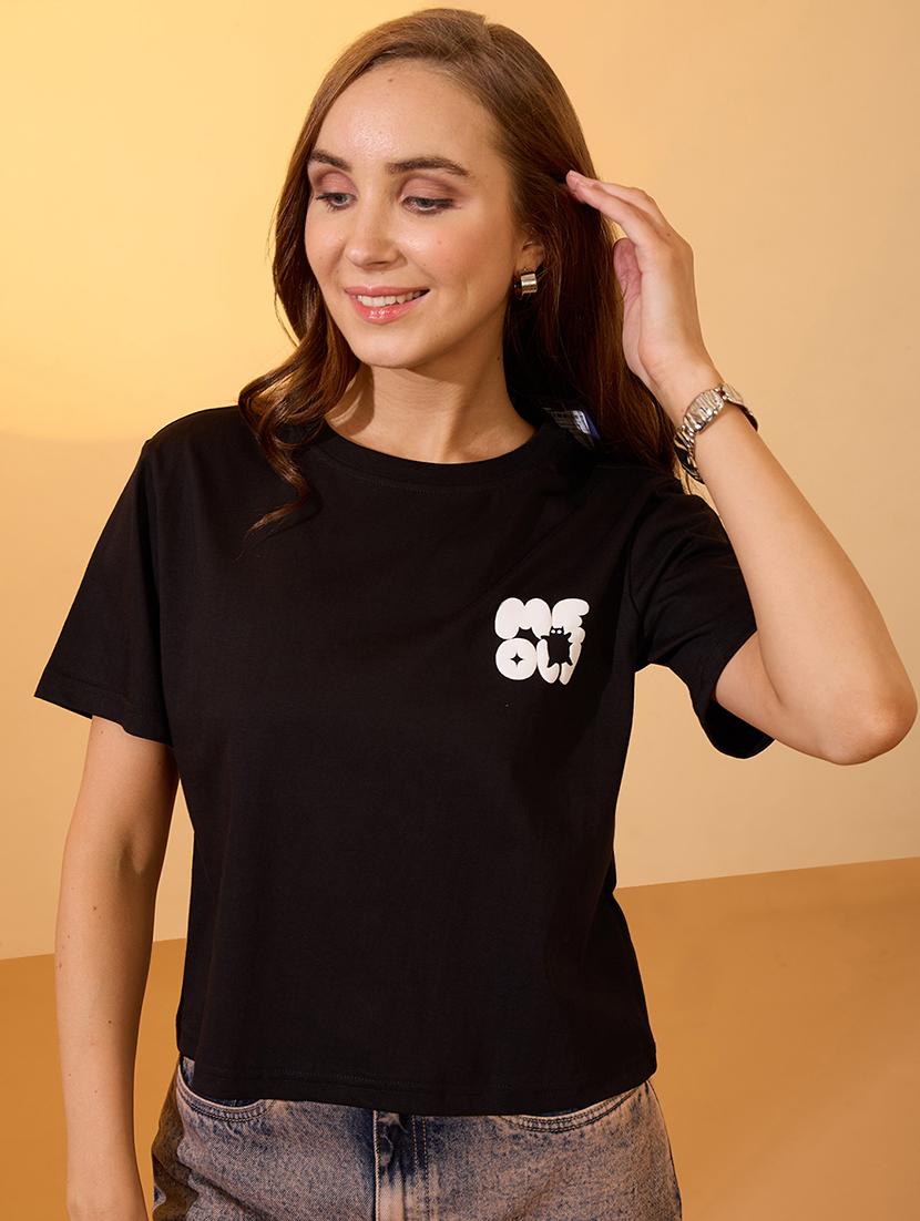 globus women black round neck short sleeves graphic print oversized crop t-shirt - 21934687 - Zoom Image - 0