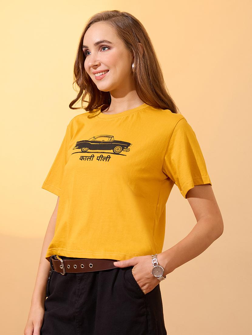 globus women yellow round neck short sleeves graphic print oversized crop t-shirt - 21934688 -  Standard Image - 1