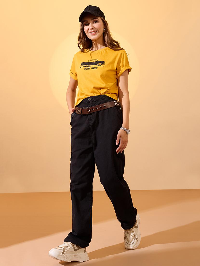 globus women yellow round neck short sleeves graphic print oversized crop t-shirt - 21934688 - Standard Image - 4