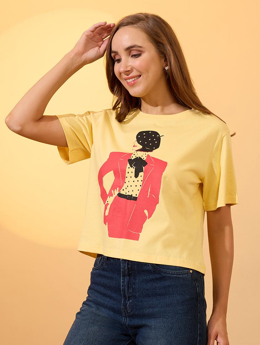 globus women yellow round neck short sleeves graphic print oversized crop t-shirt - 21934690 -  Standard Image - 1